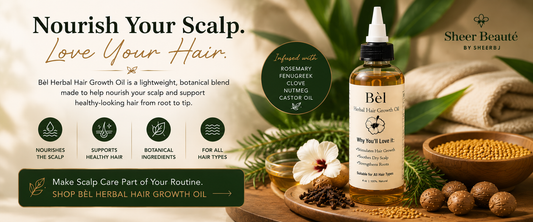 Hair oil vs hair serum, what's the difference — Sheer Beauté editorial image comparing botanical scalp oil and serum.