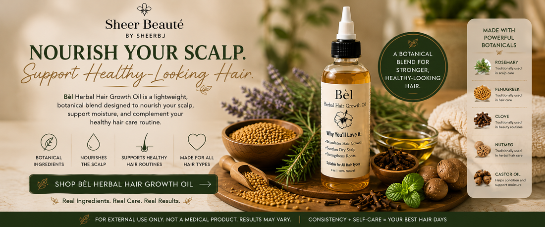 Frequently asked questions about hair growth oils — Sheer Beauté editorial image showing Bèl Herbal Hair Growth Oil and its botanicals.