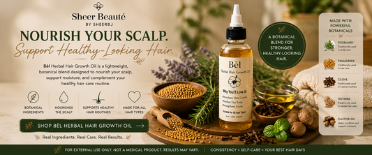 Frequently asked questions about hair growth oils — Sheer Beauté editorial image showing Bèl Herbal Hair Growth Oil and its botanicals.