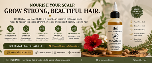 Best herbal hair oil for natural hair and dry scalp — Sheer Beauté banner for Bèl Herbal Hair Growth Oil with rosemary and fenugreek.