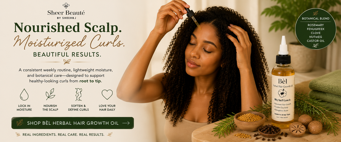 Weekly routine for curly hair moisture retention — Sheer Beauté editorial image showing curl hydration with botanical oil.