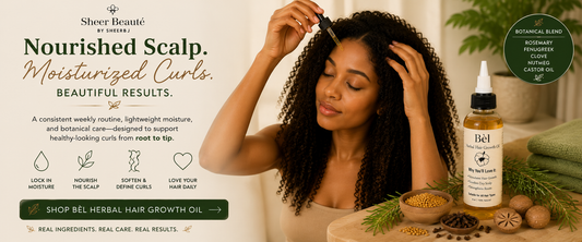 Weekly routine for curly hair moisture retention — Sheer Beauté editorial image showing curl hydration with botanical oil.
