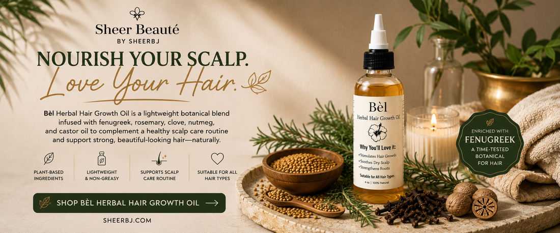 What is fenugreek and how does it support hair — Sheer Beauté editorial image showing fenugreek seeds used in Bèl Herbal Hair Growth Oil.