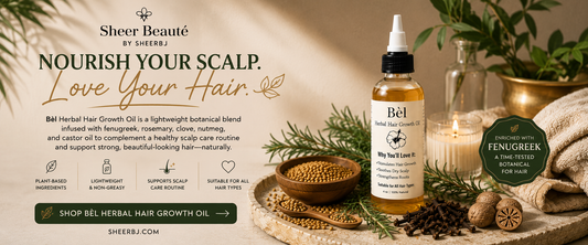 What is fenugreek and how does it support hair — Sheer Beauté editorial image showing fenugreek seeds used in Bèl Herbal Hair Growth Oil.