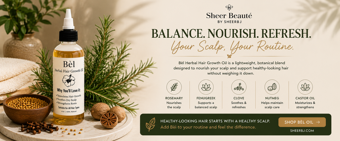 Managing an oily scalp without over-washing — Sheer Beauté editorial image showing balanced scalp care.