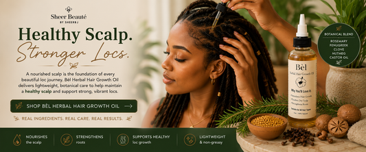 Mistakes people make when starting locs — Sheer Beauté editorial image showing starter loc care with herbal scalp oil.