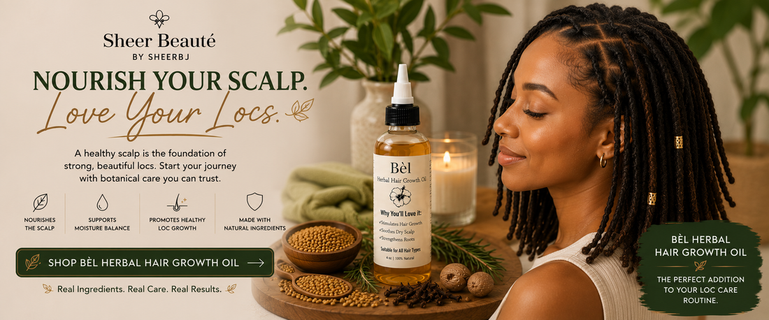 Getting started with locs, what to expect the first month — Sheer Beauté editorial image showing starter loc scalp care.