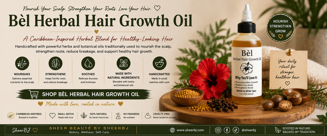Fenugreek, clove and rosemary in hair care — Sheer Beauté product banner for Bèl Herbal Hair Growth Oil showing its botanical ingredients.