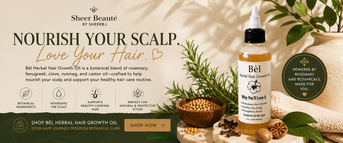 What is rosemary oil and why is it popular for hair — Sheer Beauté editorial image showing rosemary in Bèl Herbal Hair Growth Oil.