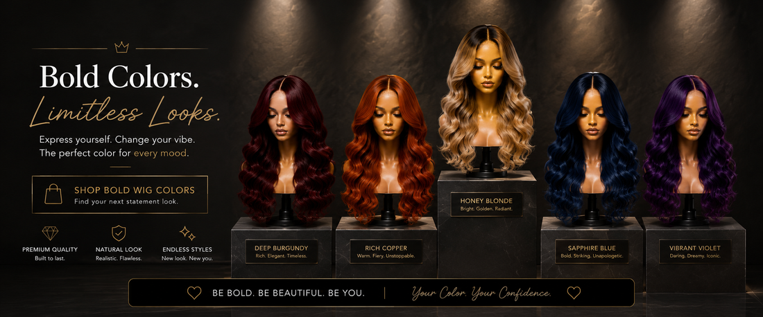 Best wig colours for bold beauty looks — Sheer Beauté editorial hero showing vivid wig colourways.