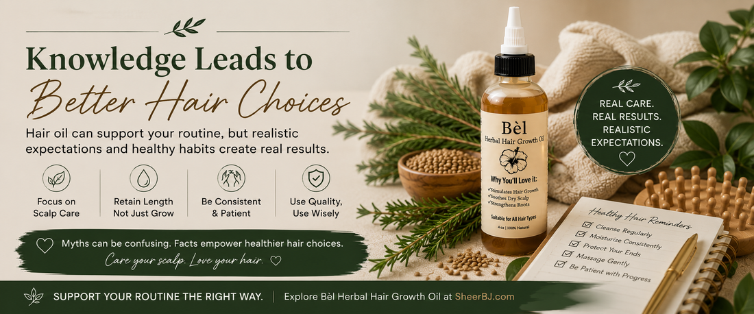 Does hair oil actually make hair grow faster — Sheer Beauté editorial hero showing herbal scalp oil and healthy natural hair.