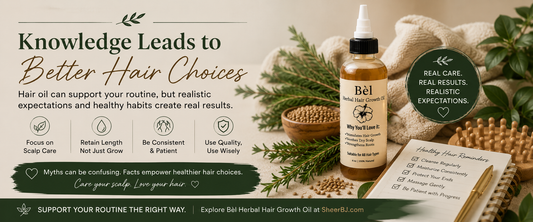 Does hair oil actually make hair grow faster — Sheer Beauté editorial hero showing herbal scalp oil and healthy natural hair.