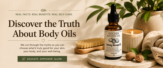 Body oil myths vs facts — Sheer Beauté editorial image showing what botanical body oil really does for skin.