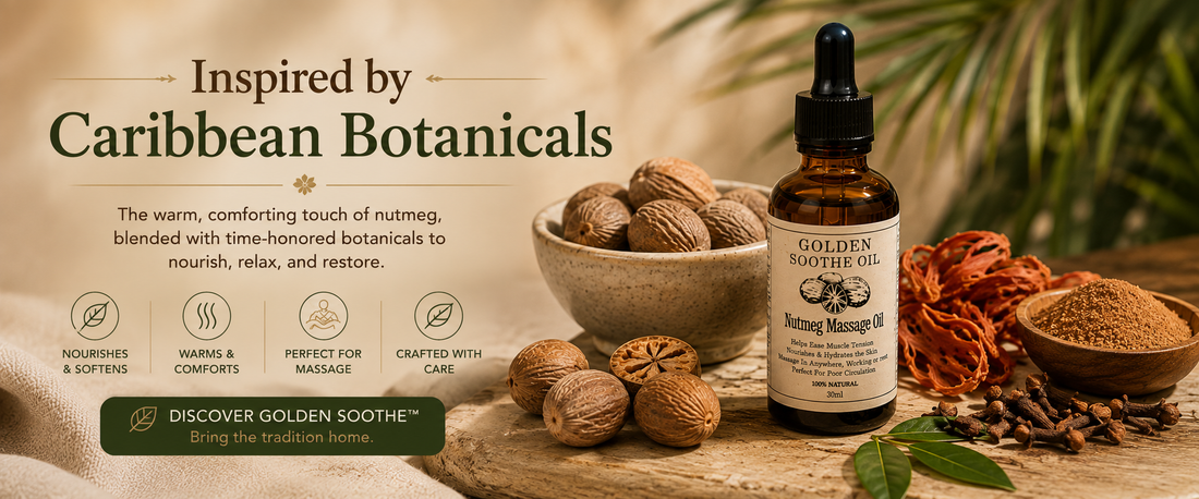 Why nutmeg is used in traditional massage oils — Sheer Beauté editorial image showing nutmeg botanicals in Golden Soothe Nutmeg Massage Oil.