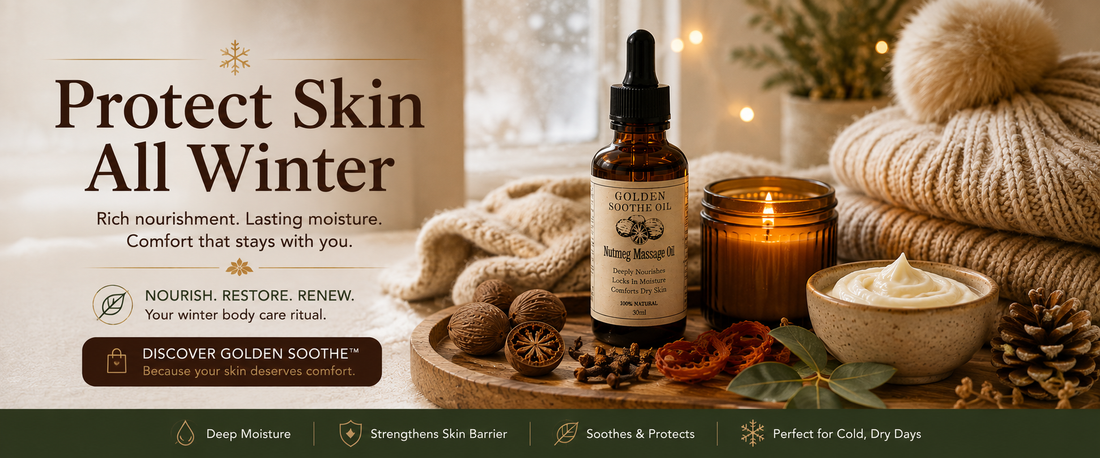 Winter body care, switching to richer oils — Sheer Beauté editorial image showing cold-weather body oil routine.