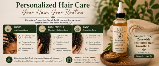 How hair porosity affects oil absorption — Sheer Beauté editorial hero showing hair strands and botanical oil application.