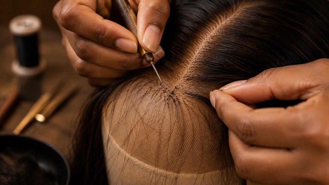 The difference between hand-tied and machine-made wig wefts — Sheer Beauté editorial hero showing both weft constructions side by side.
