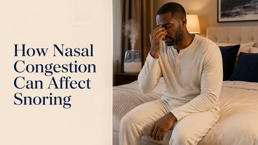 Natural nasal congestion relief items on a nightstand — saline spray, fresh eucalyptus leaves and a small bedroom humidifier — for clearer nasal breathing at night