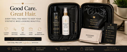 How to care for synthetic wigs — Sheer Beauté editorial hero showing synthetic wig washing and maintenance.