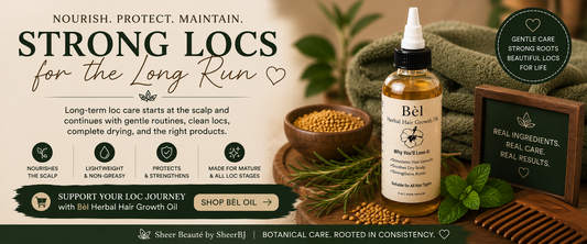 Long-term loc care after year one — Sheer Beauté editorial hero showing mature locs and scalp oiling routine.