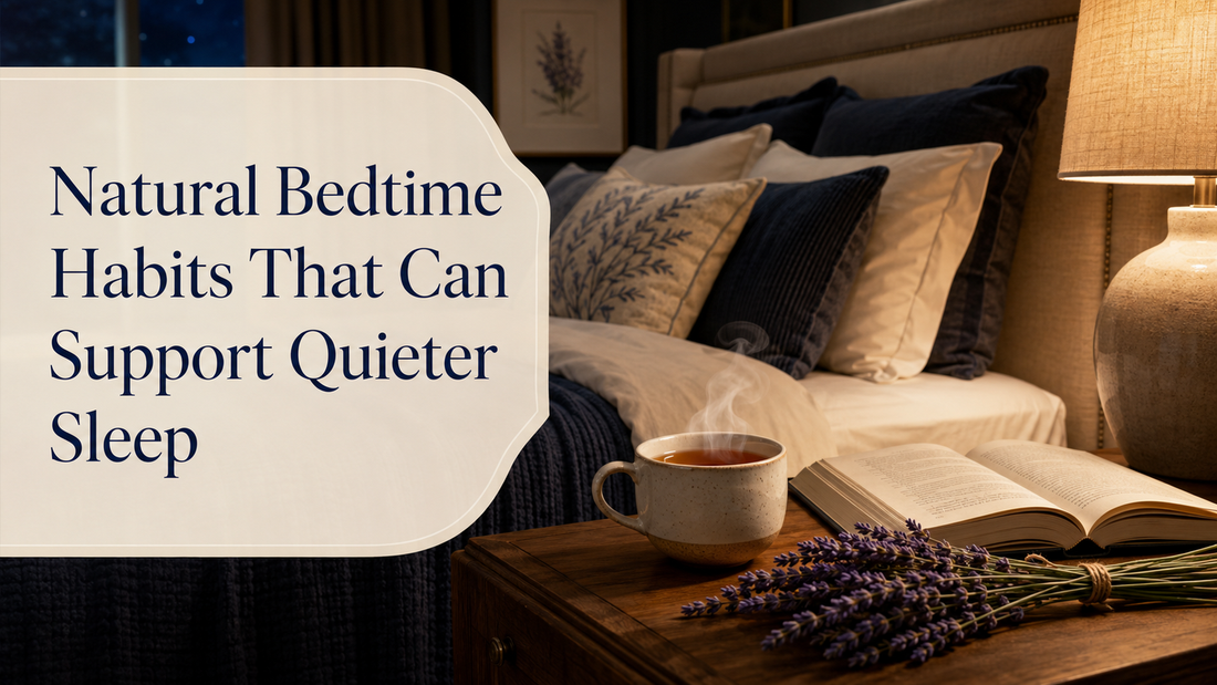 Calm bedroom at night with a warm bedside lamp and sleep essentials laid out, set up for a bedtime routine that supports quieter sleep.