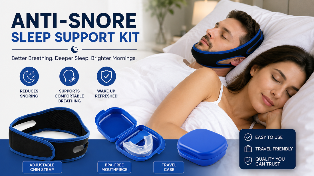 Sheer Beauté Anti-Snore Sleep Kit laid out on linen — adjustable chin strap, reusable mouthpiece and storage case for a quieter night's sleep.