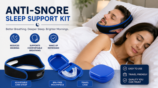 Sheer Beauté Anti-Snore Sleep Kit laid out on linen — adjustable chin strap, reusable mouthpiece and storage case for a quieter night's sleep.