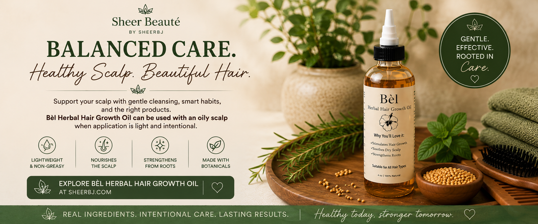 Common misconceptions about oily scalps — Sheer Beauté editorial hero showing natural scalp care and hair oiling.