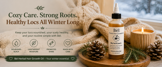Protecting locs during winter months — Sheer Beauté editorial hero showing cold-weather loc care with botanical scalp oil.