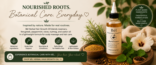 Rosemary, fenugreek and peppermint for hair compared — Sheer Beauté editorial hero showing the botanical ingredients in Bèl Herbal Hair Growth Oil.