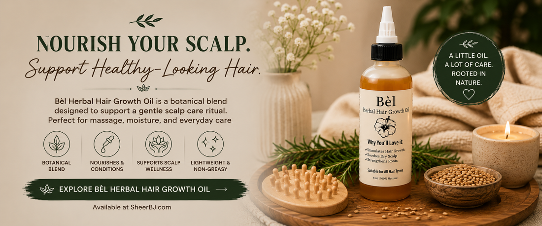 The science behind scalp circulation and hair growth — Sheer Beauté editorial hero showing a scalp massage routine with herbal oil.