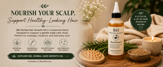 The science behind scalp circulation and hair growth — Sheer Beauté editorial hero showing a scalp massage routine with herbal oil.