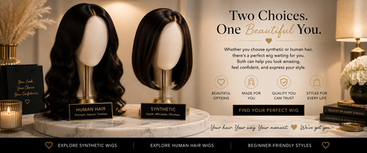 Synthetic vs human hair wigs — Sheer Beauté editorial hero comparing both wig types side by side.