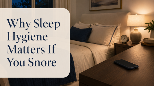 Calm minimal bedroom at night with a soft bedside lamp and a neatly made bed — the Sheer Beauté sleep hygiene setup for quieter nights