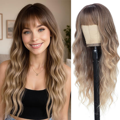 Side-by-side comparison of a woman with long wavy hair and a wig on a mannequin head.