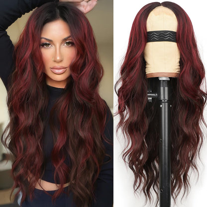 Wavy burgundy wig on a mannequin head with a person wearing it.