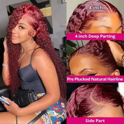 99J Burgundy Deep Wave Human Hair Wig from Sheer Beauté — burgundy colourway detail.