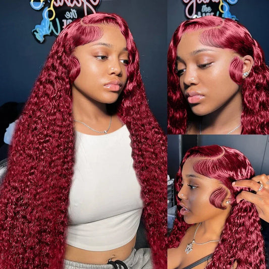 99J Burgundy Deep Wave Human Hair Wig from Sheer Beauté — deep wave texture close-up.