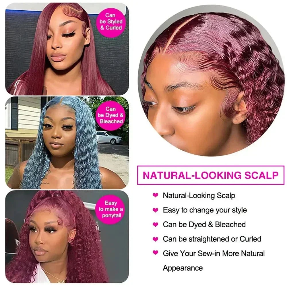 99J Burgundy Deep Wave Human Hair Wig from Sheer Beauté — side profile.