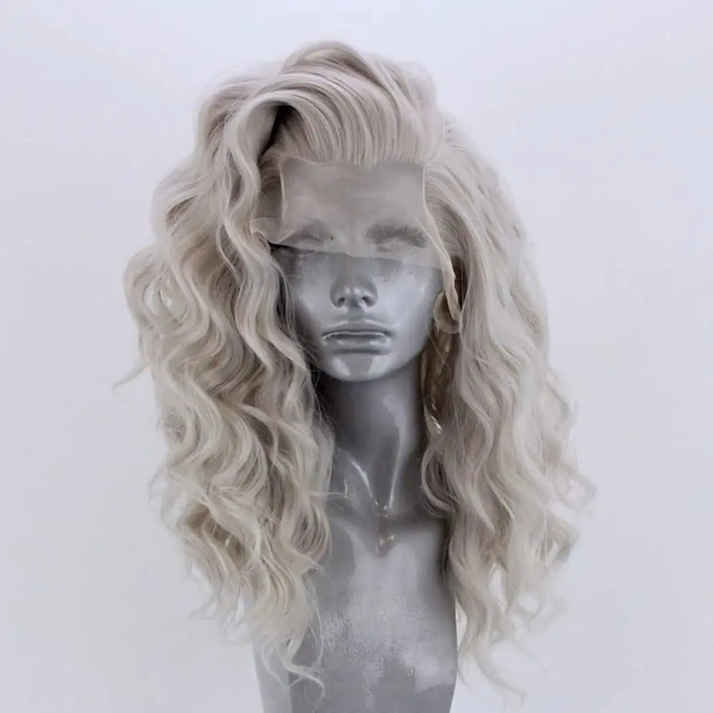 light gray Blonde wig on a mannequin head against a white background
