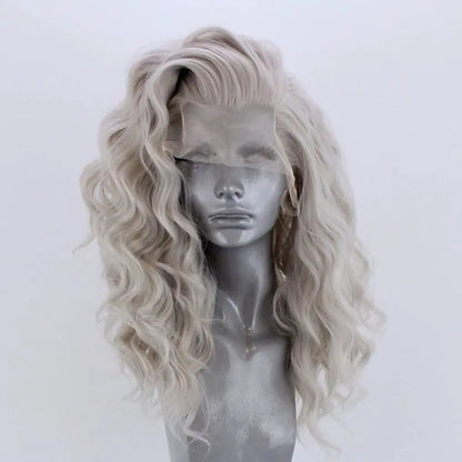 light gray Blonde wig on a mannequin head against a white background