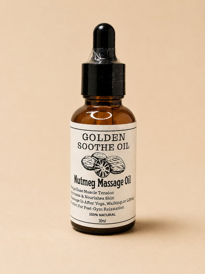 Golden Soothe Nutmeg Massage Oil, a Caribbean-inspired botanical body oil for massage and dry skin, from Sheer Beauté.