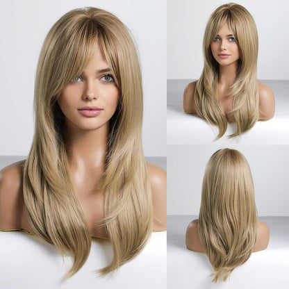Synthetic Ombre Layered Wig with Bangs from Sheer Beauté — long straight with bangs, main image.	
Ash Blonde Wig,Wigs With Bangs For Women,Shoulder Mid Length Wig,Blonde Wig With Curtain Bangs,Straight Ombre Blonde Wig


